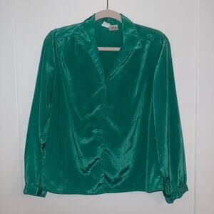 Vintage Rafferty Emerald Green Satin Button-Up Shirt Medium LUXE Shine